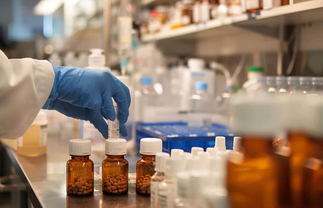 A person in a lab coat holds a bottle, likely containing a chemical or solution, in a laboratory setting.